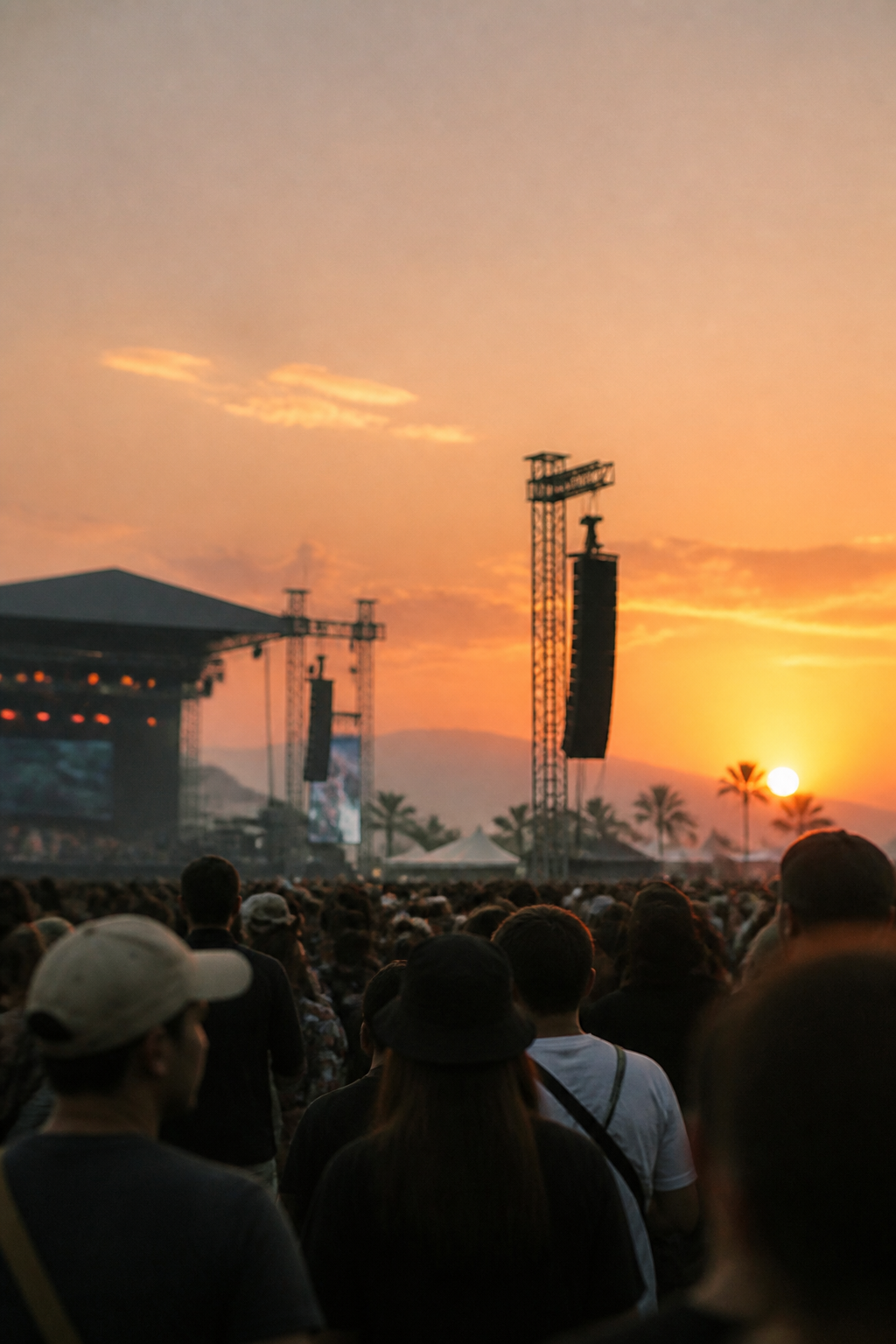 Escenario de festival al aire libre visto desde el público al atardecer, con torres de bocinas y cielo anaranjado