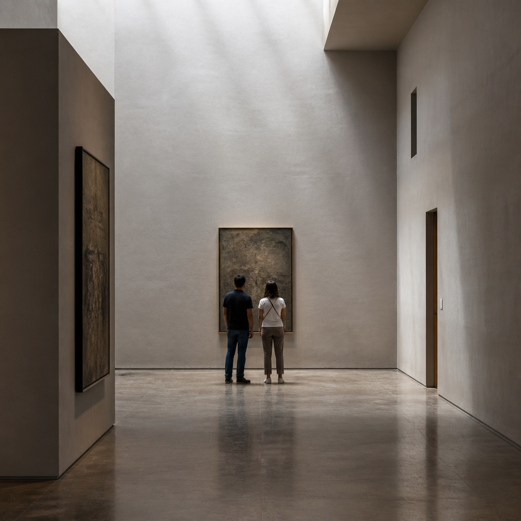Interior de una sala de museo con muros altos, luz cenital y dos visitantes mirando una pieza colgada al fondo