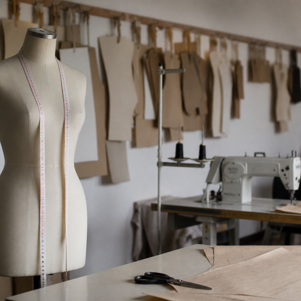 Taller de confección con maniquí de costura, tijeras, patrones de papel colgados y una máquina de coser industrial