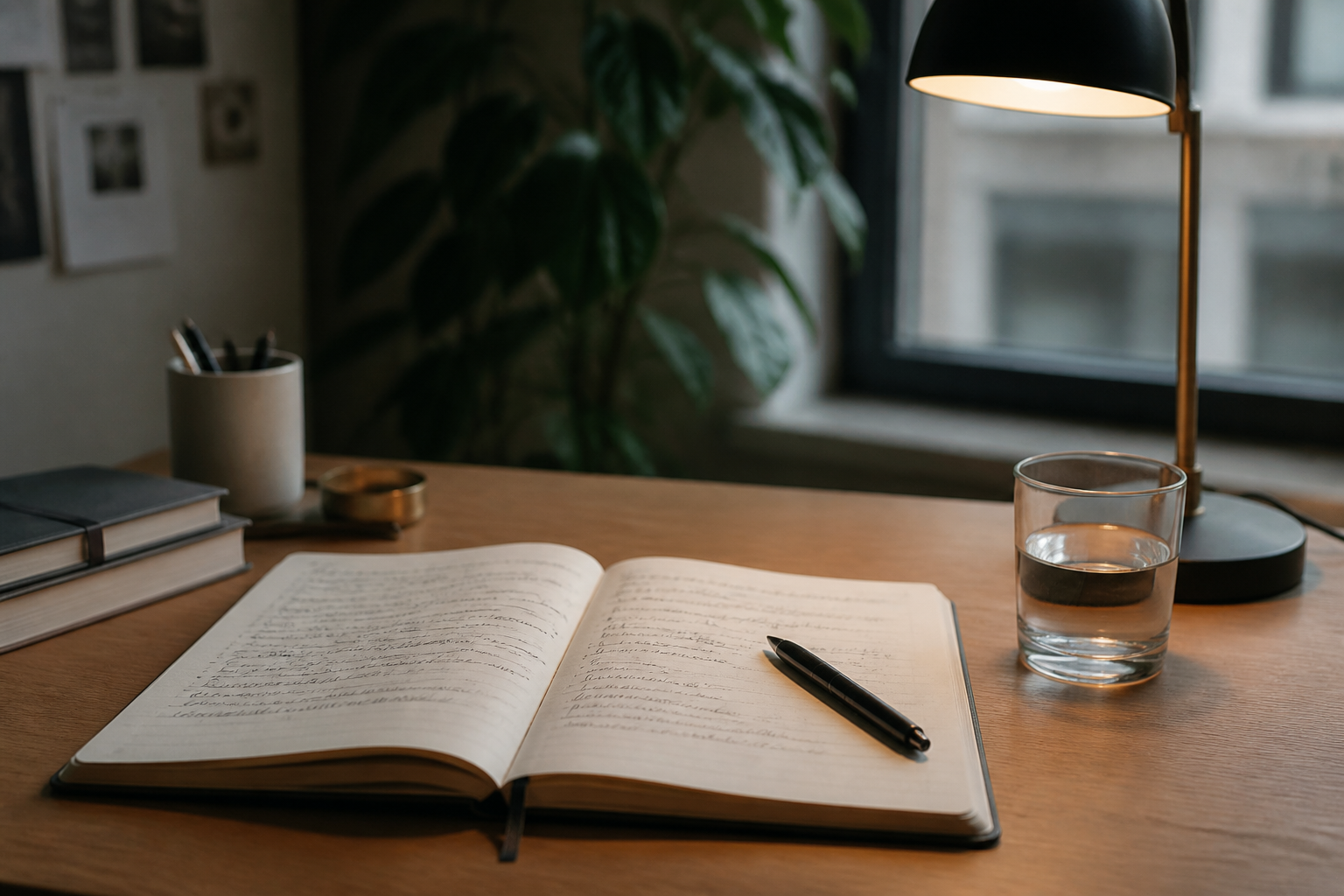 Escritorio de trabajo con una libreta abierta llena de notas a mano, una pluma, un vaso de agua y una lámpara encendida